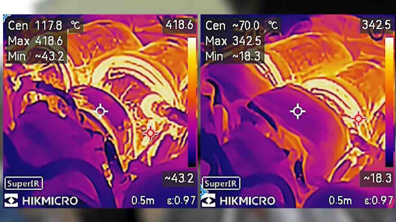 Exoracing RS4 turbo blanket test data showing turbo exhaust side temperature reduction after fitting heat management
