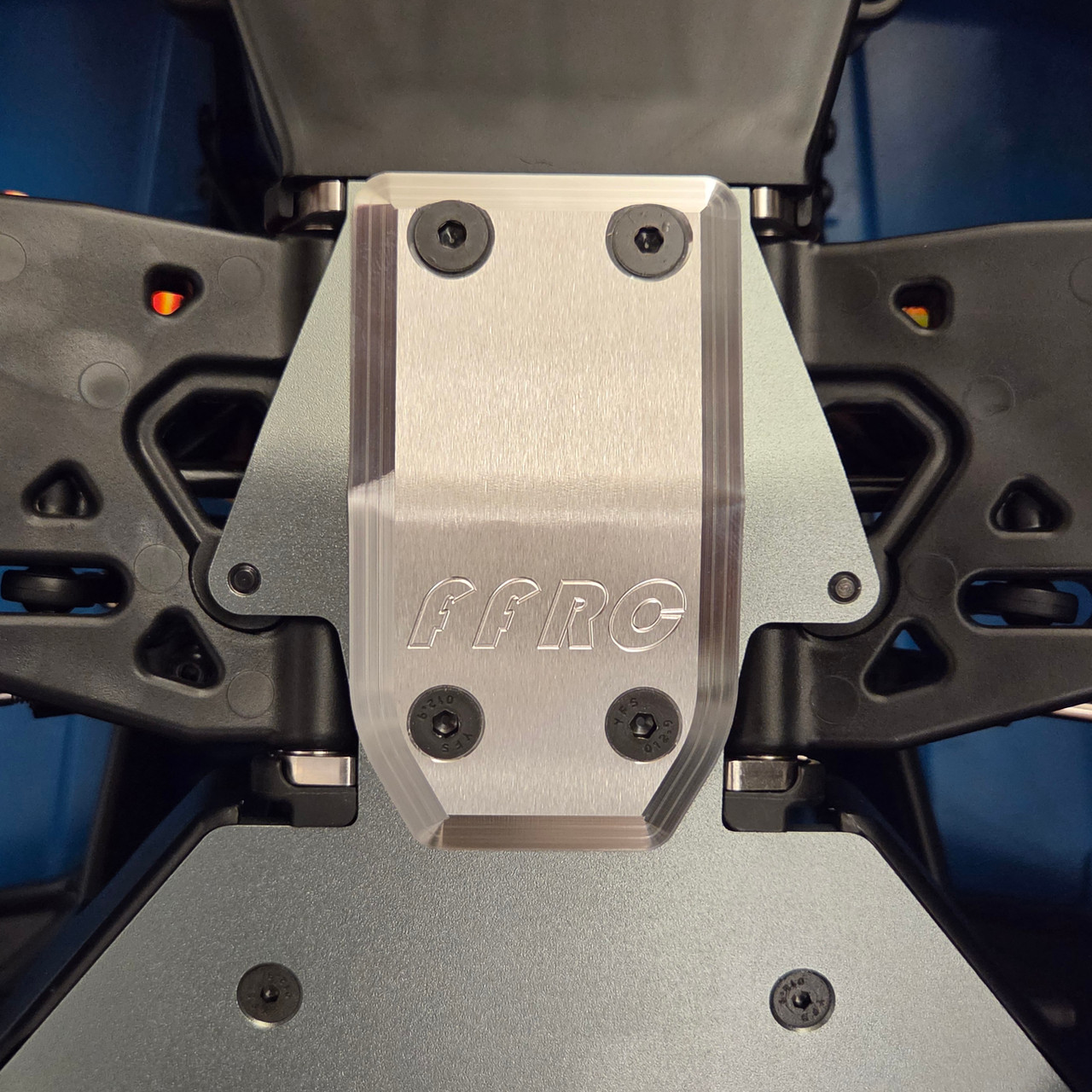 Losi 5ive-T series front AL skid plate.  Shown here mounted on our shop 5TE 3.0 truck.  Perfect fit with the stock holes.