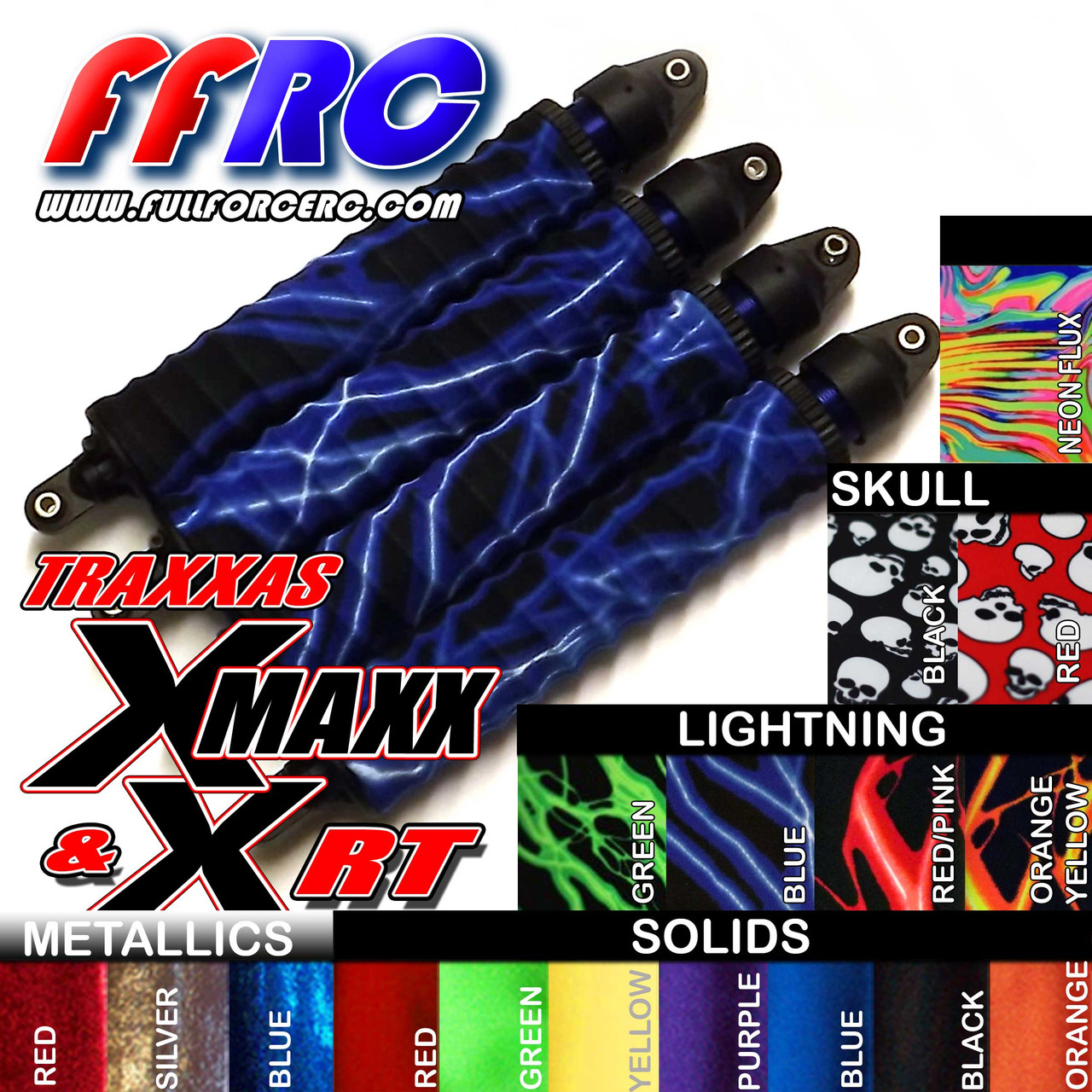 FOR Traxxas X-MAXX & X-RT Shock boots in your choice of colors!  These little upgrades simply slide over the length of the stock springs and tuck in on both ends.  They do a great job of keeping out dirt and grime and prolong the life of your seals and your shocks!  