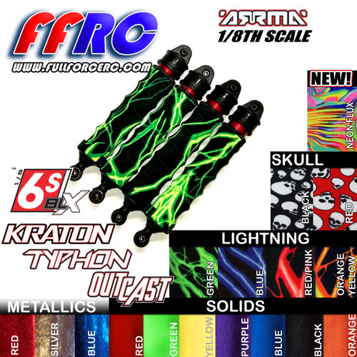 Fullforce RC Shock boots for the Arrma Kraton 6S 8th scale trucks are here.  Available in our full line of colors they come in package of four and help protect your shock seals and prolong the life of your expensive shocks.