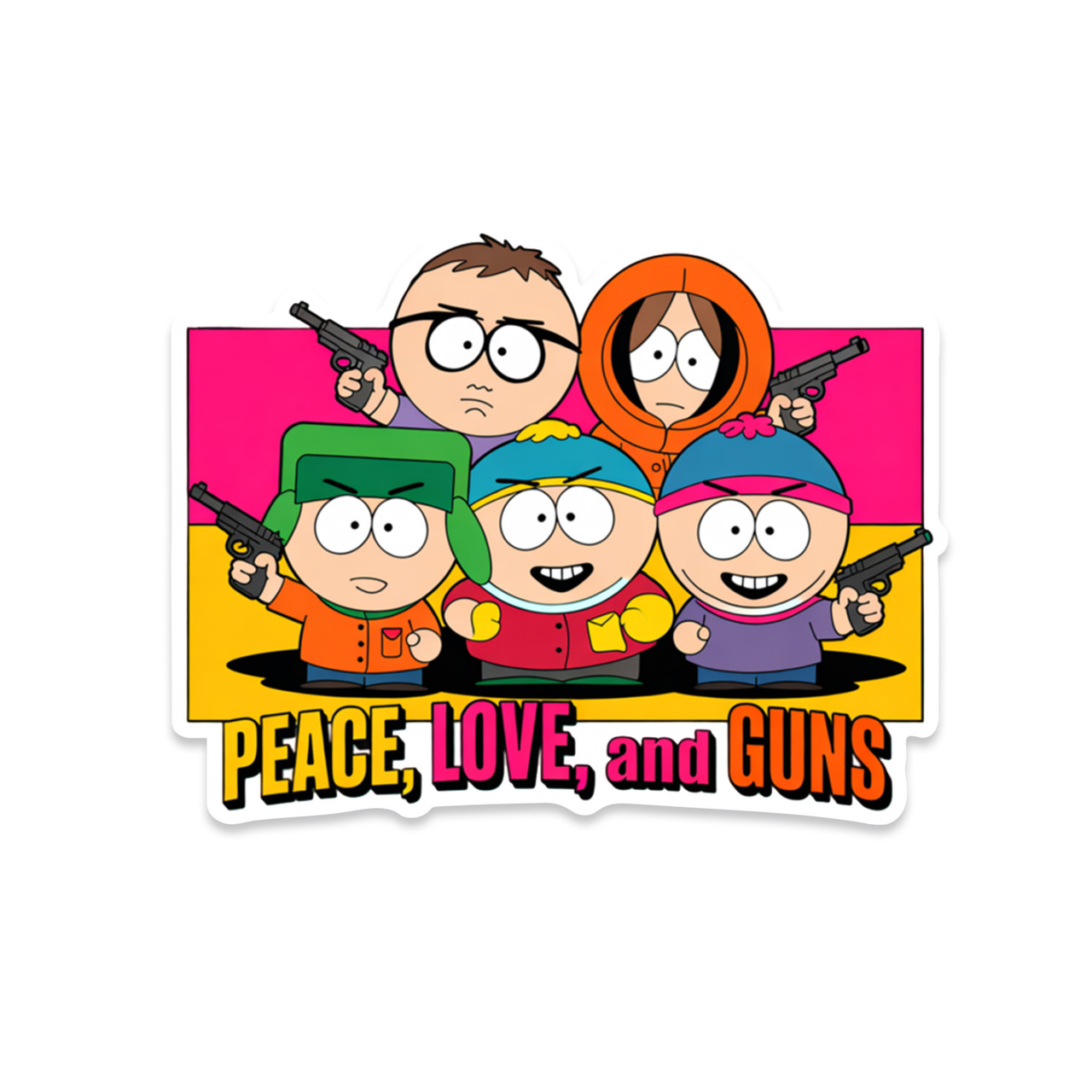 South Park Parody Sticker – Peace, Love & Guns