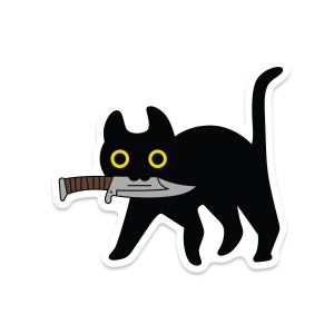 Cartoon-style black cat sticker with yellow eyes holding a knife in its mouth