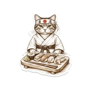 Serious cat sushi chef wearing headband and robe preparing sushi platter, detailed illustration vinyl sticker
