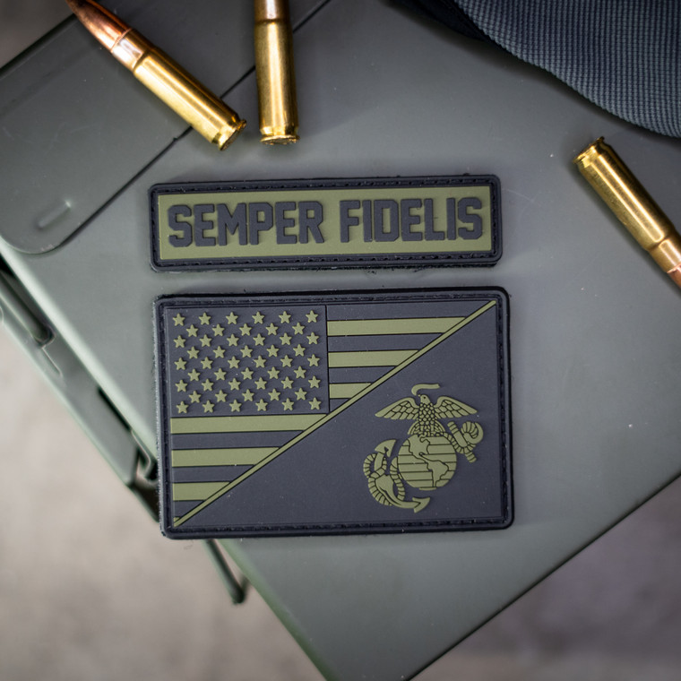 US Flag USMC Split and Semper Fidelis Cap Banner Patch Set