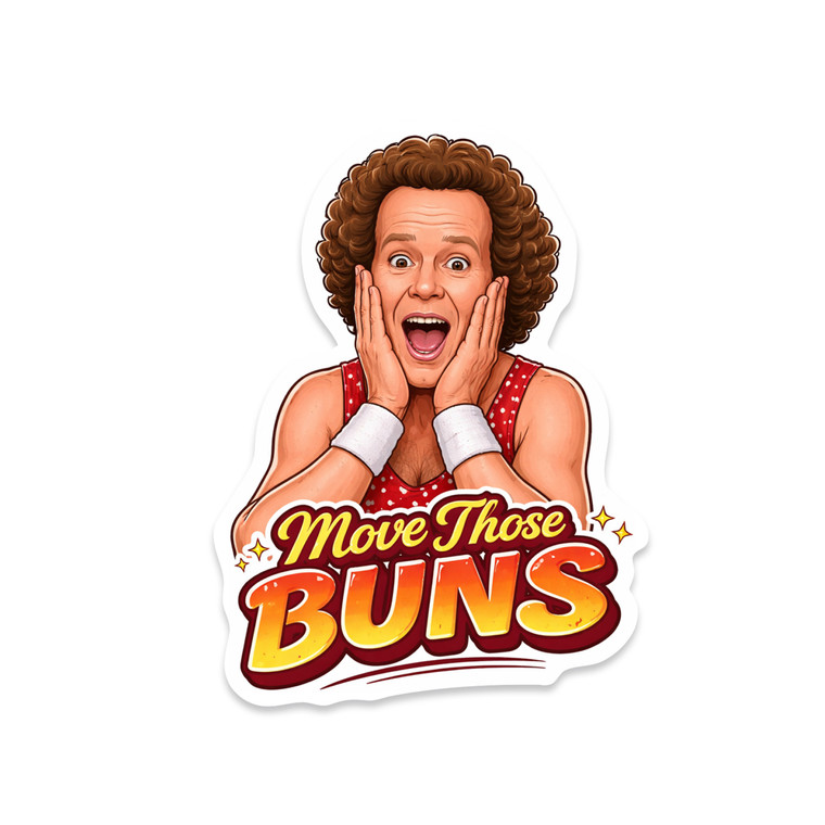Move Those Buns sticker, funny workout meme vinyl decal with retro fitness character