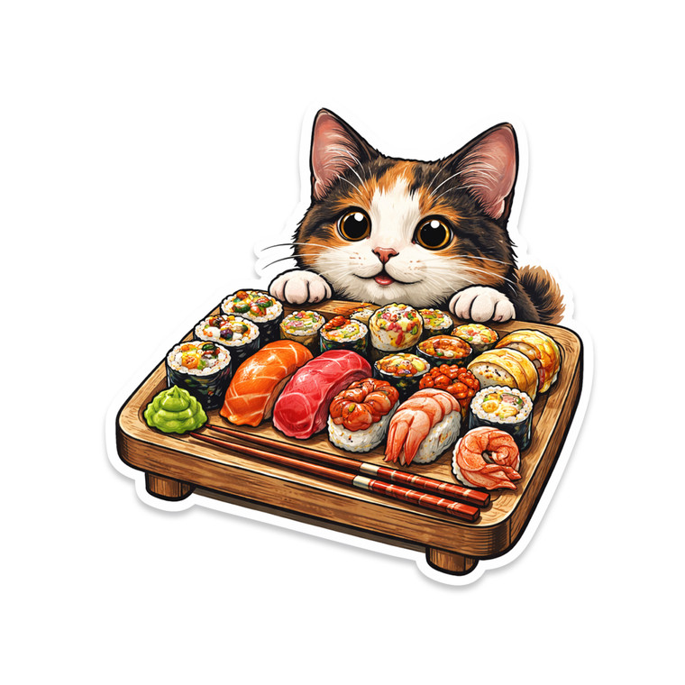 Cute calico kitten peeking over a sushi platter with nigiri, rolls, shrimp, and chopsticks, illustrated vinyl sticker design