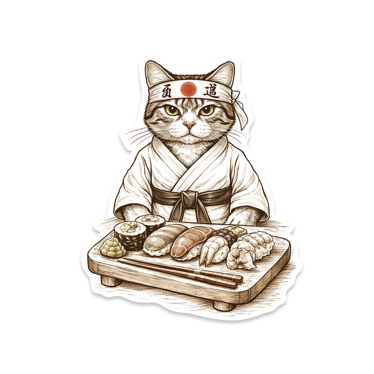 Serious cat sushi chef wearing headband and robe preparing sushi platter, detailed illustration vinyl sticker