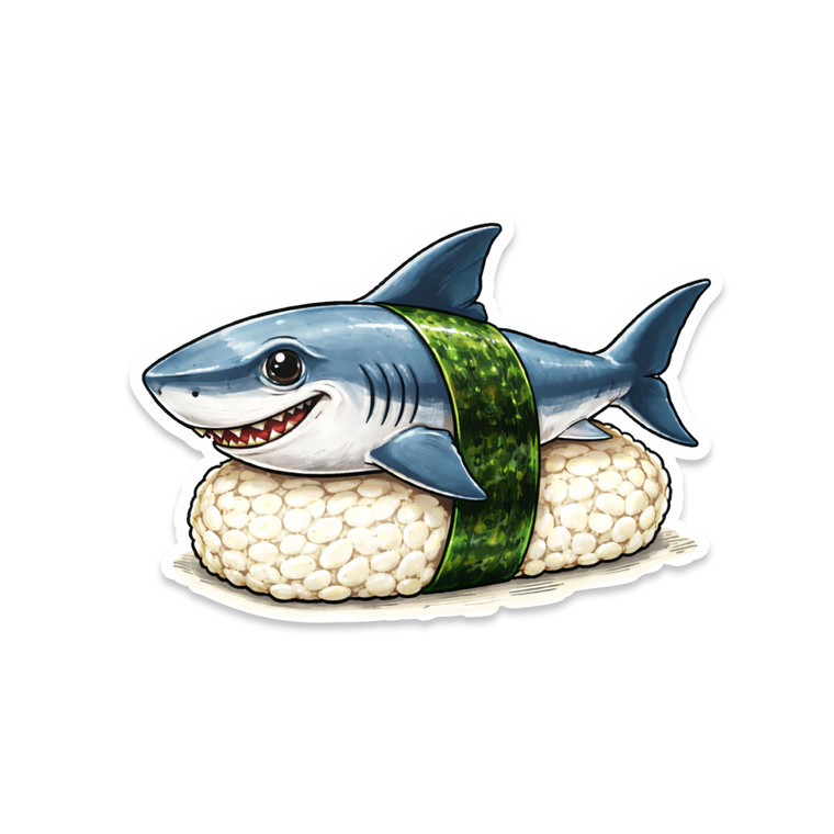 Playful shark sitting on sushi rice wrapped with seaweed, cartoon style nigiri illustration sticker