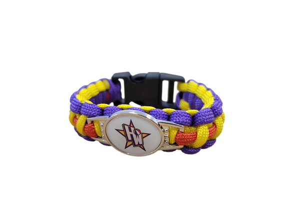 Purple, yellow, and red braids with plastic buckle