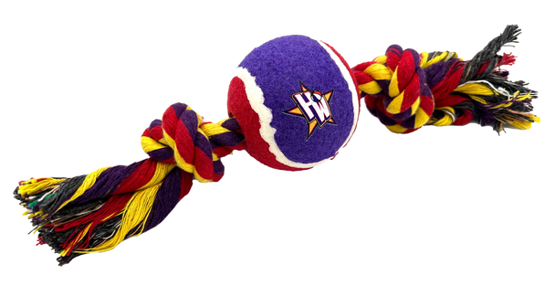 Tennis ball with tied rope on both sides