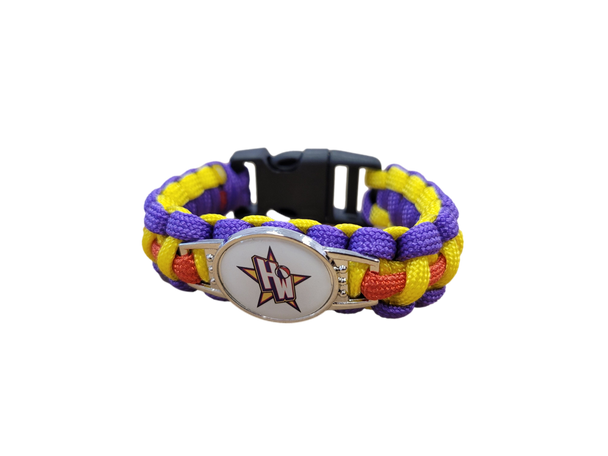 Purple, yellow, and red braids with plastic buckle