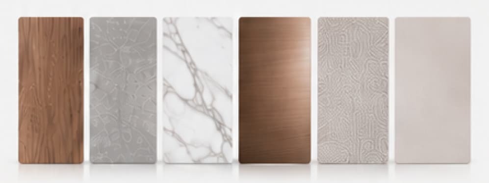 Six architectural film finish samples in wood, stone, marble, metal, fabric and solid