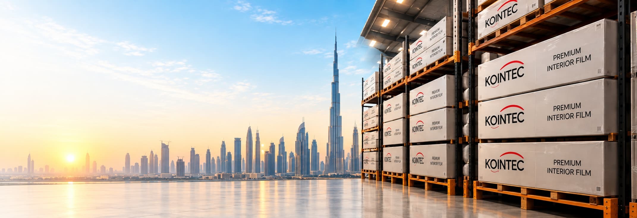 Dubai skyline beside a warehouse stocked with pallets of KOINTEC architectural interior film