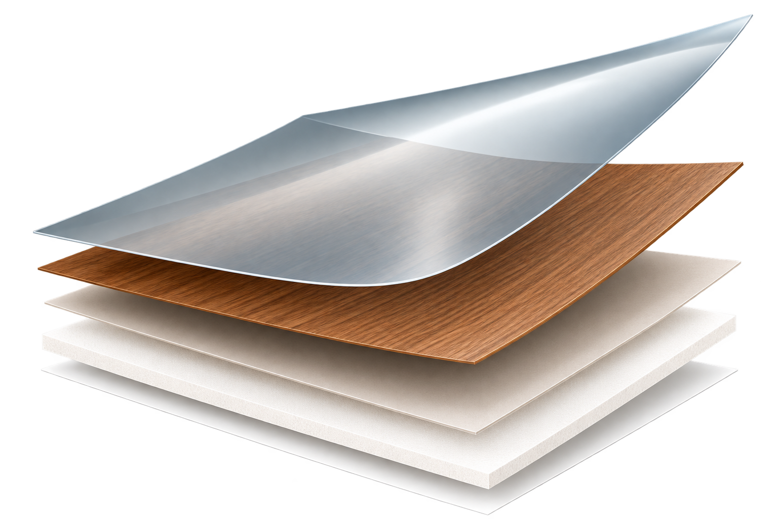 Exploded view of the film showing its protective, print, adhesive, air-release and backing layers