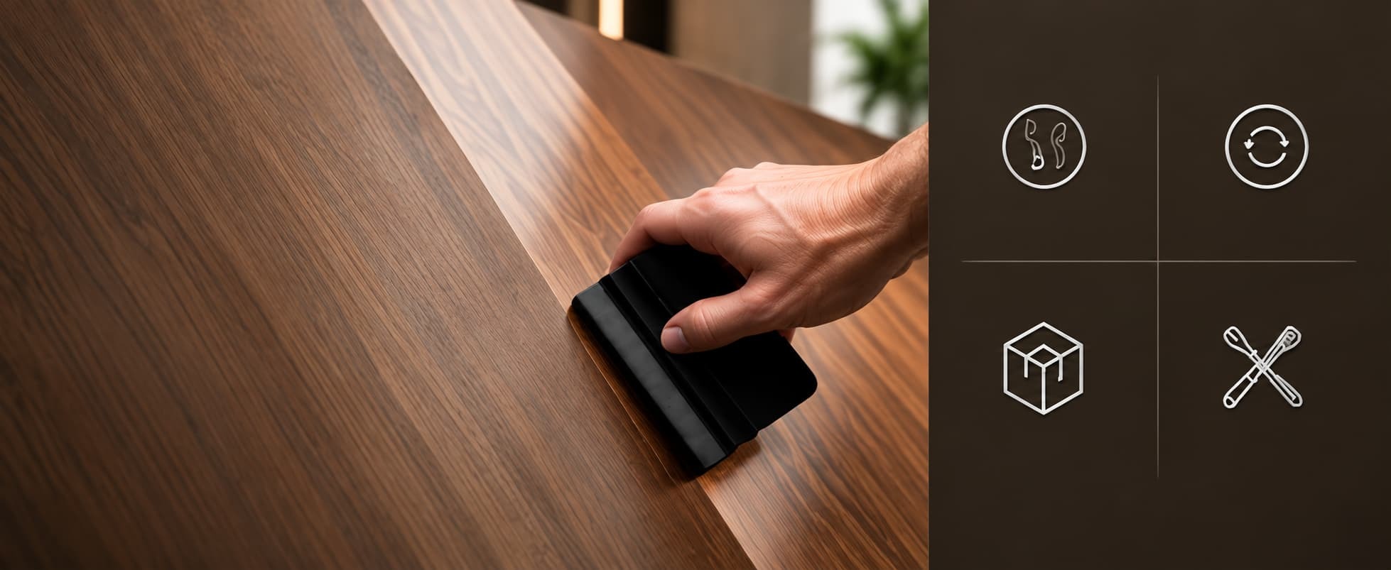 Installer smoothing a wood-grain architectural film onto a surface with a squeegee