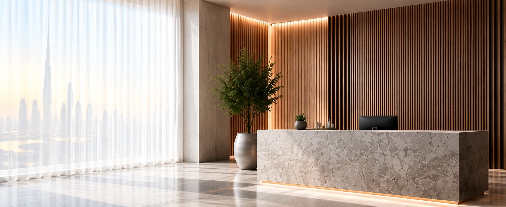 Reception area finished with warm timber slat walls and a textured stone counter