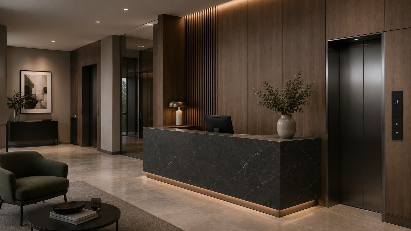 Commercial interior with marble and wood finishes