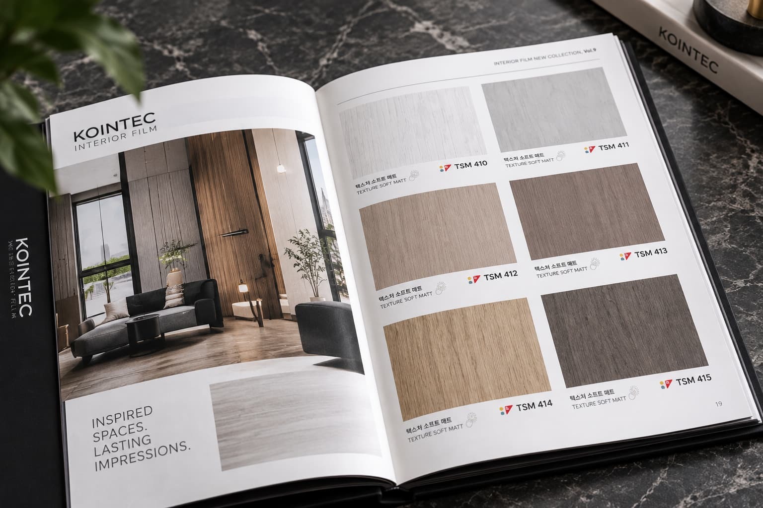 Open KOINTEC swatch book showing an interior photo beside wood and stone film samples