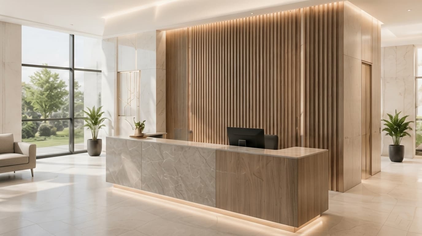 Commercial reception with wood and marble finishes