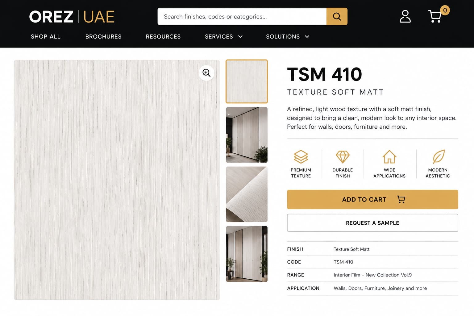 OREZ UAE product page for TSM 409 Texture Soft Matt with Add to Cart and Request a Sample buttons
