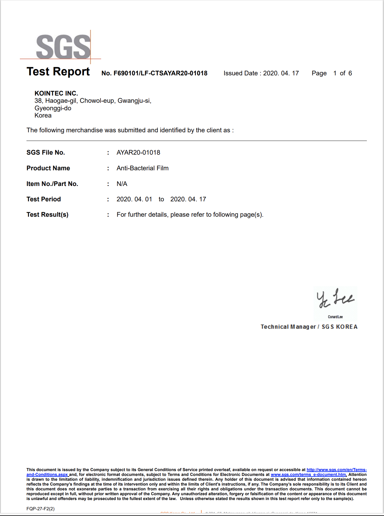 Anti-Bacterial Film SGS Test Report
