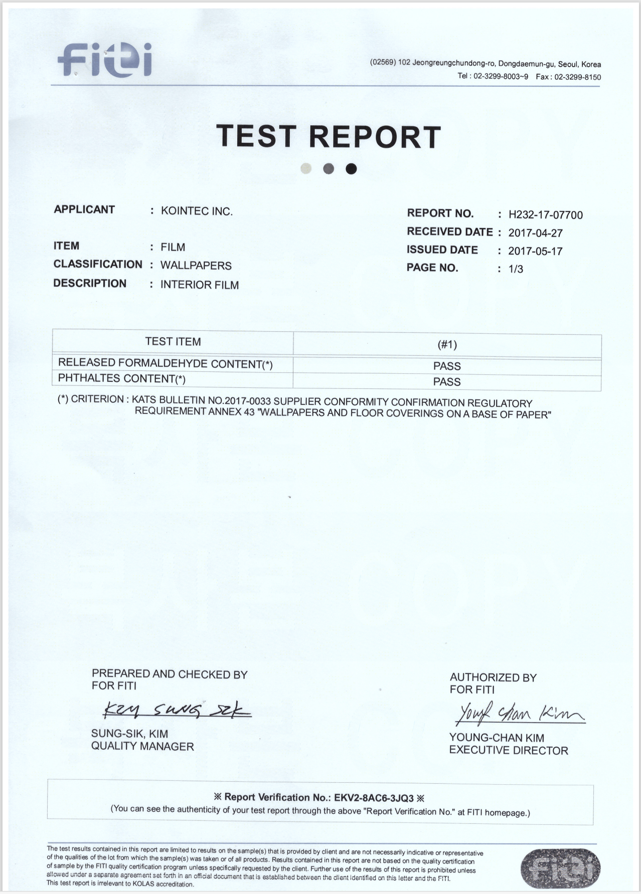 Formaldehyde KC Interior Film