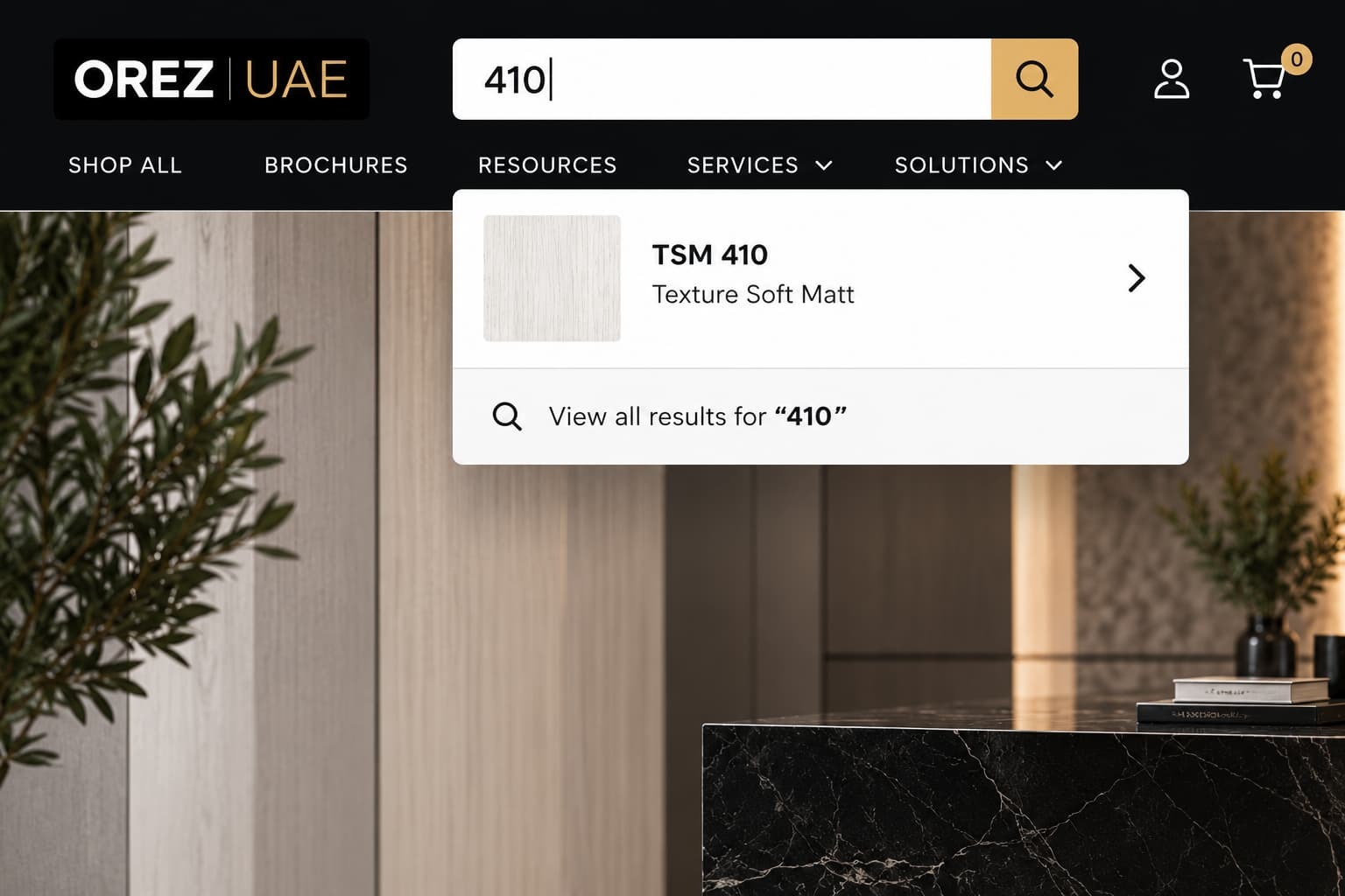OREZ UAE search bar with 409 entered and TSM 409 Texture Soft Matt as the result