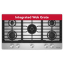 KitchenAid® 36  in. Gas Cooktop with 5 Burners and Integrated Wok Grate KCGK536SBE