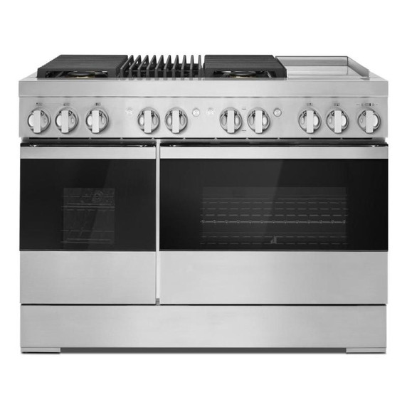 Jennair® NOIR™ 48" Dual-Fuel Professional Range with Chrome-Infused Griddle and Gas Grill JDRP748HM