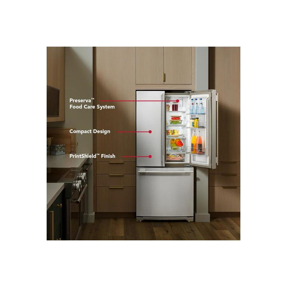 Kitchenaid® 20 cu. Ft. 30-Inch Width Standard Depth French Door Refrigerator with PrintShield® Finish and Interior Dispense KRFF330SPS