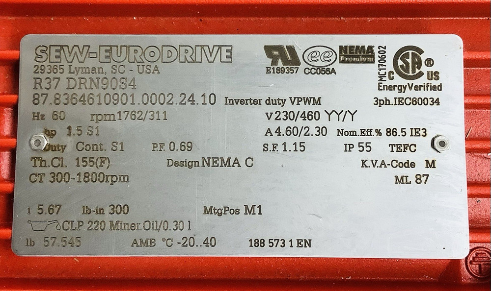 Sew-Eurodrive R37 DRN90S4 / Hp 1.5 S1 / Ip 55 / 3Ph. IEC60034/ Rpm 1762/311