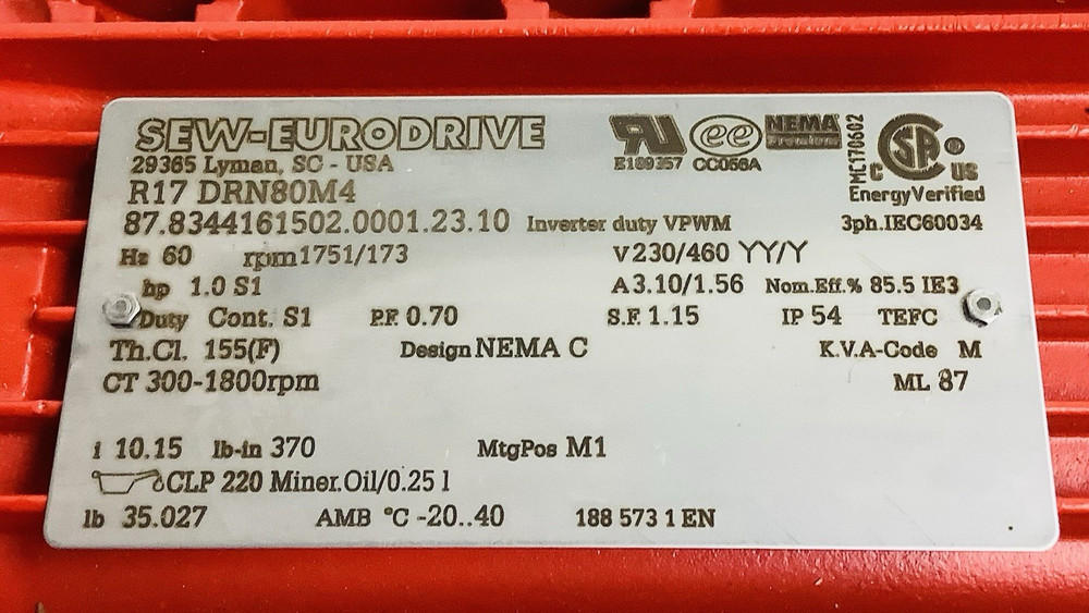 sew eurodrive gear motor R17 DRN80M4/Ip54/ Rpm 1751/173/3ph.IEC60034.