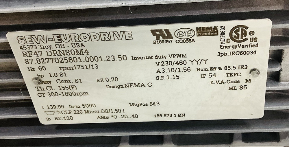 Sew Eurodrive RF47 DRN80M4 Gear Motor / Hp 1.0 / Ip 54 / Rpm 1751/13.