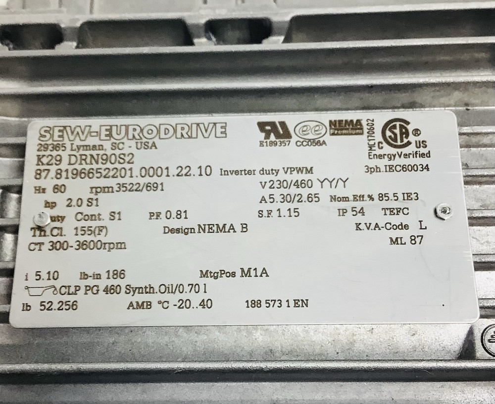 Sew-Eurodrive Gear Motor K29 DRN9S2 / Hp 2.0 / Rpm 3522/691 / Ip 54
