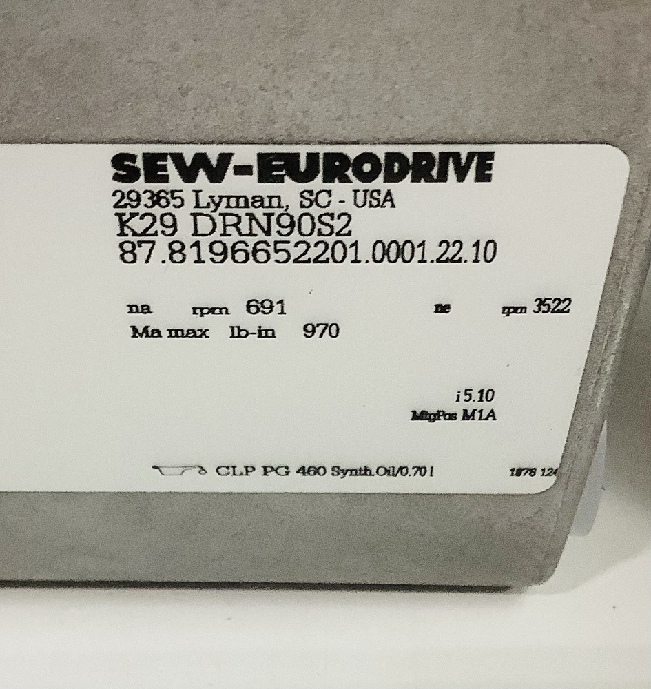 Sew-Eurodrive Gear Motor K29 DRN9S2 / Hp 2.0 / Rpm 3522/691 / Ip 54