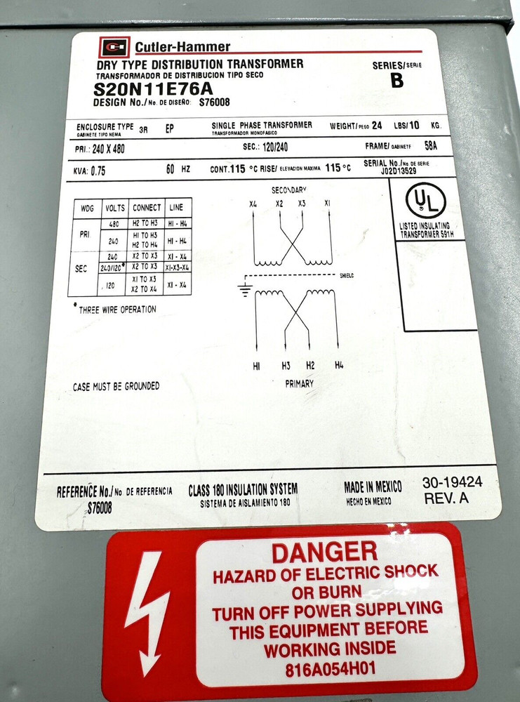 Cutler-Hammer S20N11E76A Dry Type Distribution Transformer