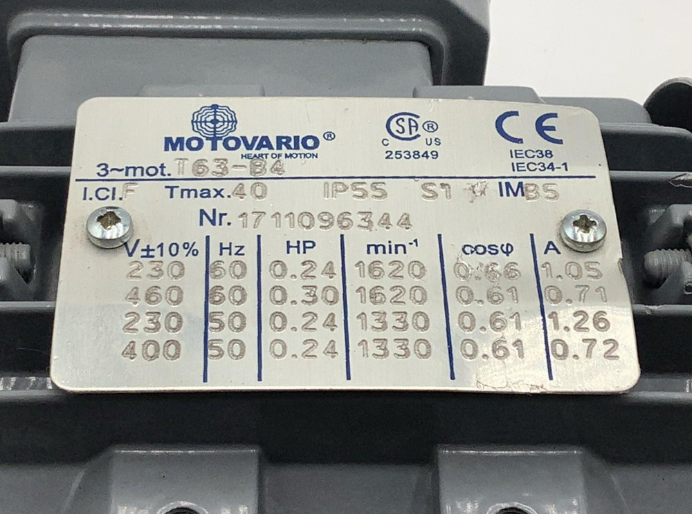 Motovario T63-B4 3-Phase Electric Motor | 1330/1620 RPM | IP55