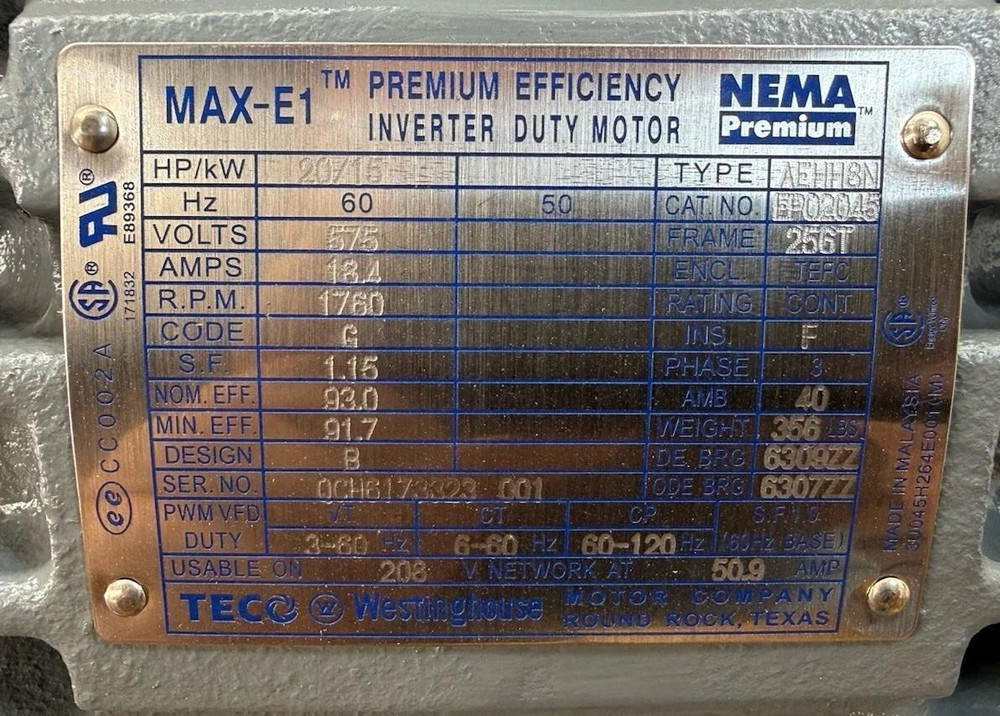 TECO-Westinghouse EP02045 20HP Max-E1 NEMA Prem Inverter Duty Motor TEFC