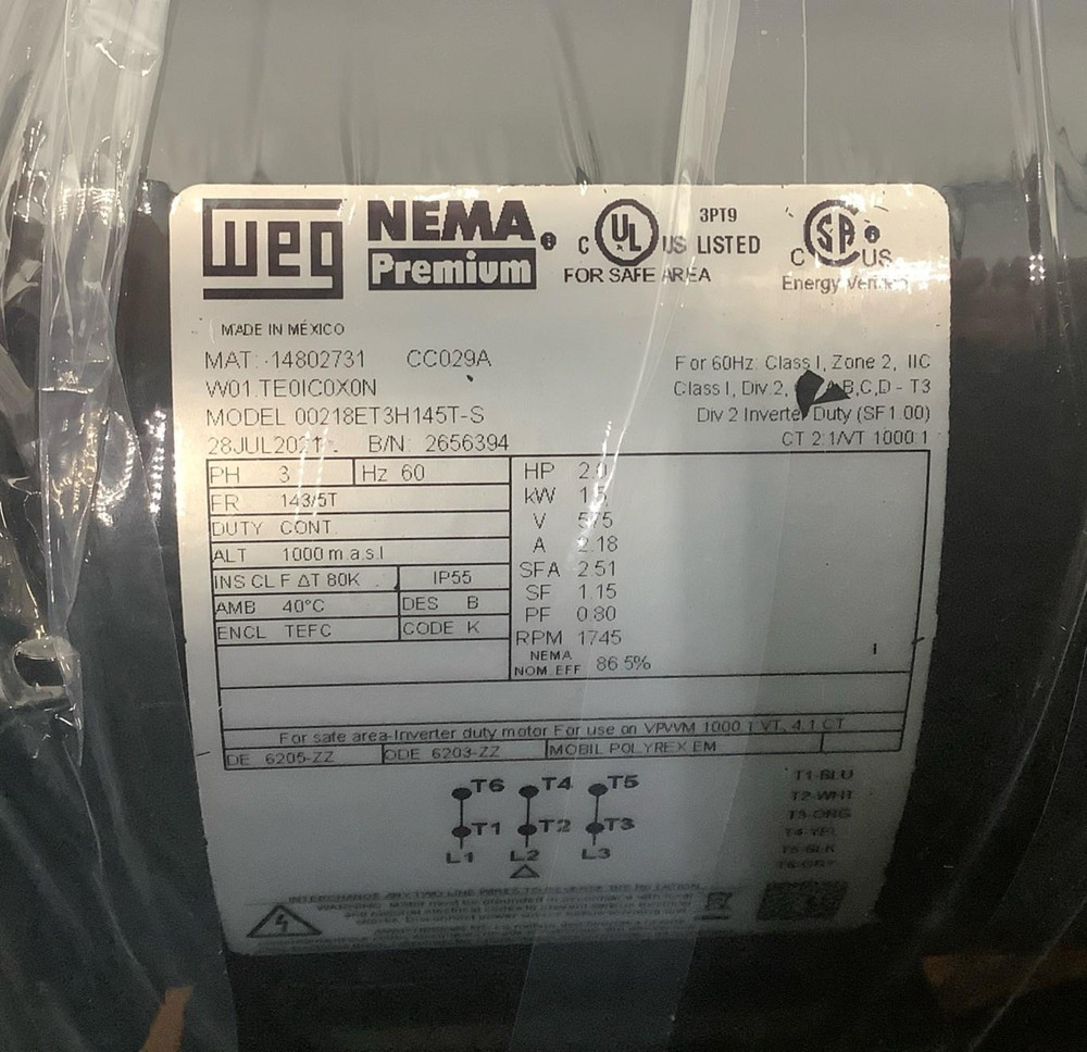 WEG 00218ET3H145T-S 2HP AC Electric Motor 3PH 575V 145T TEFC NEMA Premium