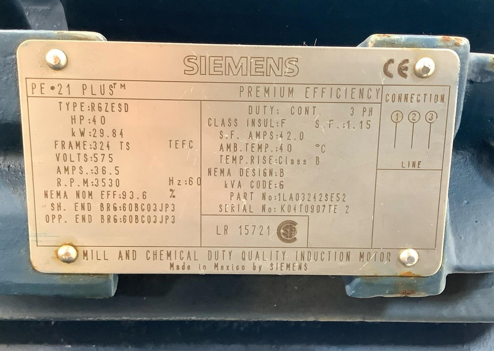Siemens RGZESD 40HP Premium Efficiency Motor 575V 324TS TEFC 3530RPM 3Ph