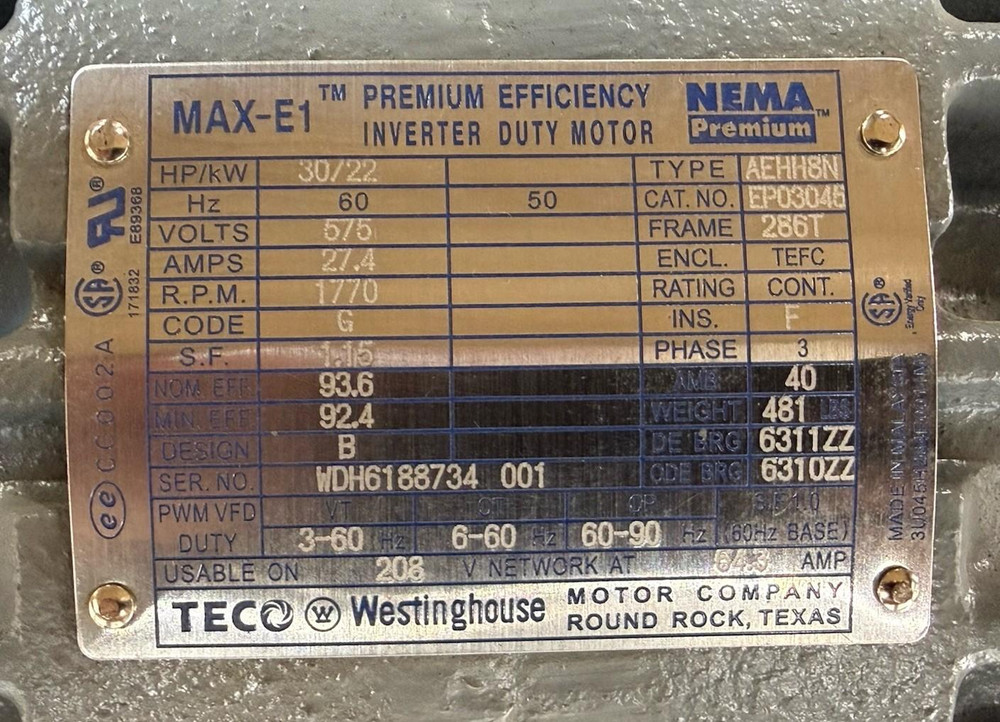 TECO-Westinghouse EP03045 30HP Max-E1 Prem Eff Inverter Duty Motor 286T TEFC 3PH