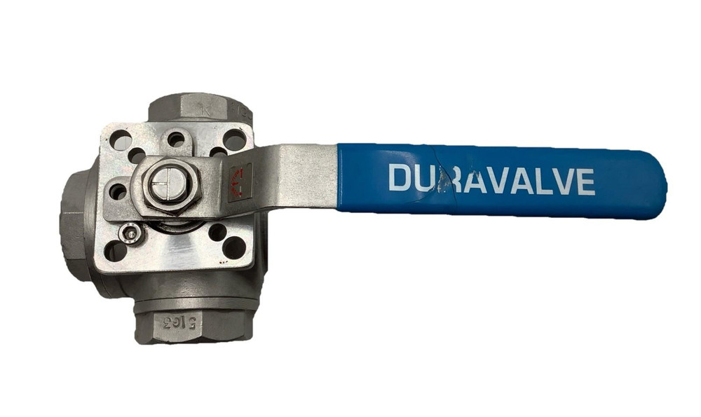 Duravalve 1-1/2” 3-Way Ball Valve Stainless Steel CF8M 800 WOG FNPT ISO Mount