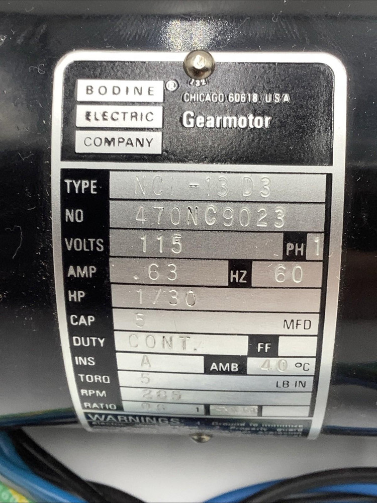 Bodine NCI-13D3 Gear motor 1/30 HP 115V 285 RPM 6:1 Ratio AC Motor 1-Phase