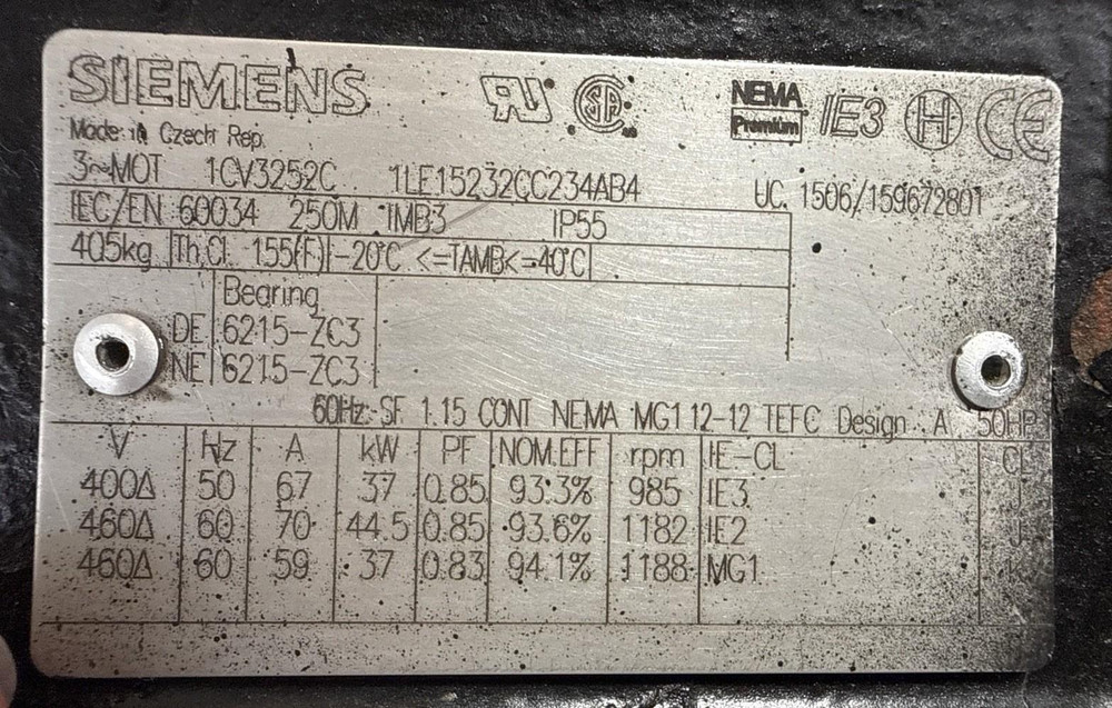 Siemens 1CV3252C 50 HP 3-Phase Electric Motor 460V 1182 RPM TEFC Premium Eff