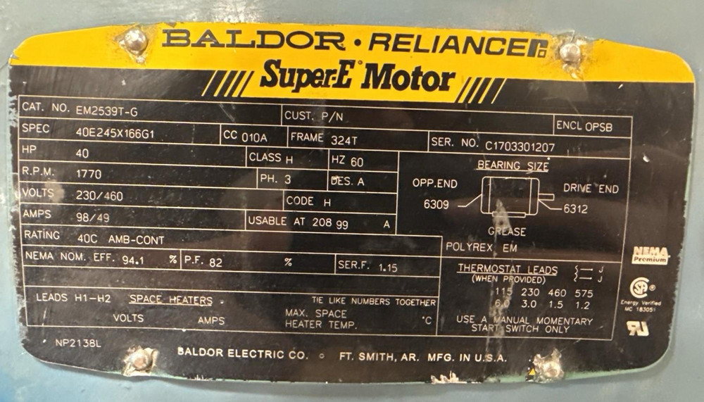Baldor EM2539T-G 40HP Super-E Motor 1770 RPM 3-Phase 230/460V 324T Frame