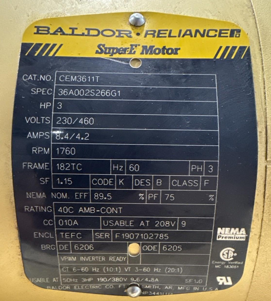 Baldor CEM3611T 3HP Motor + Rotary Airlock /Diverter Valve Assembly 182TC