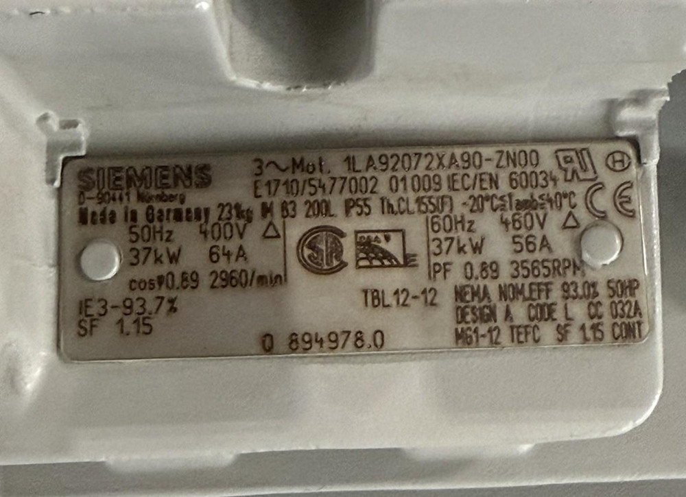 Siemens 1LA92072XA90-ZN00 50HP AC Motor 3-Phase 60Hz 460V 3565RPM
