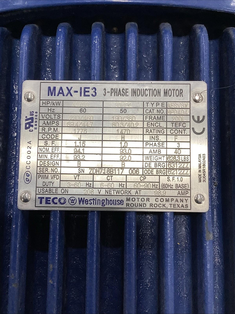 TECO-Westinghouse MAX-IE3 MP0404 40HP Motor 3-Phase 230/460V 1775 RPM 200L TEFC