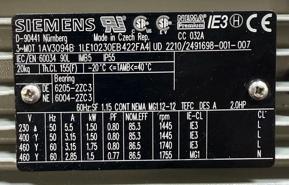 Nord 1SMI75AZD-IEC90 Gear Reducer 60:1 + Siemens 1AV3094B 2HP Motor Assembly