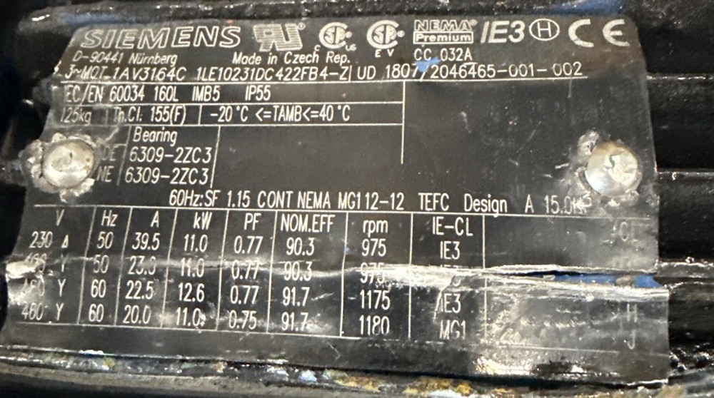 Siemens 1AV3164C 1LE10231DC422FB4-Z 15HP Electric Motor 3-Phase 60Hz IE3 TEFC